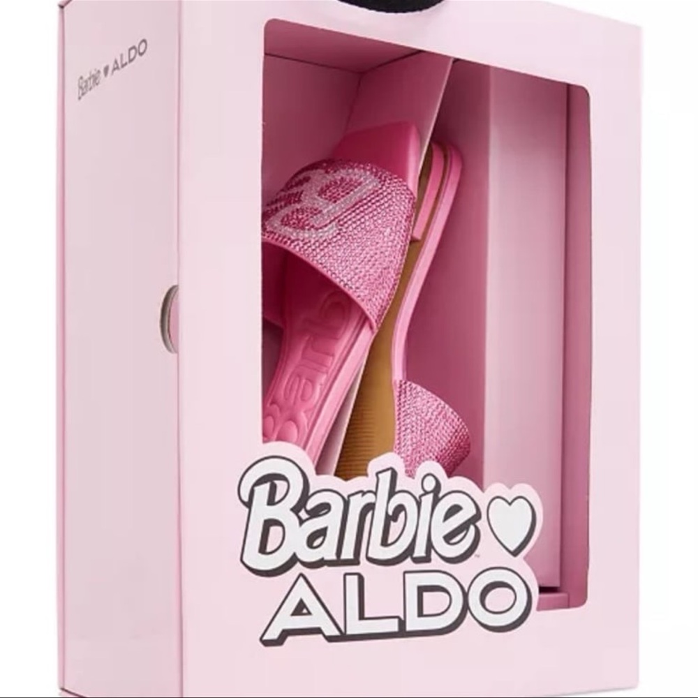 Aldo x Barbie Barbieville Pink Satin Rhinestone Flat Slide Sandals New Woman’s - Picture 2 of 11